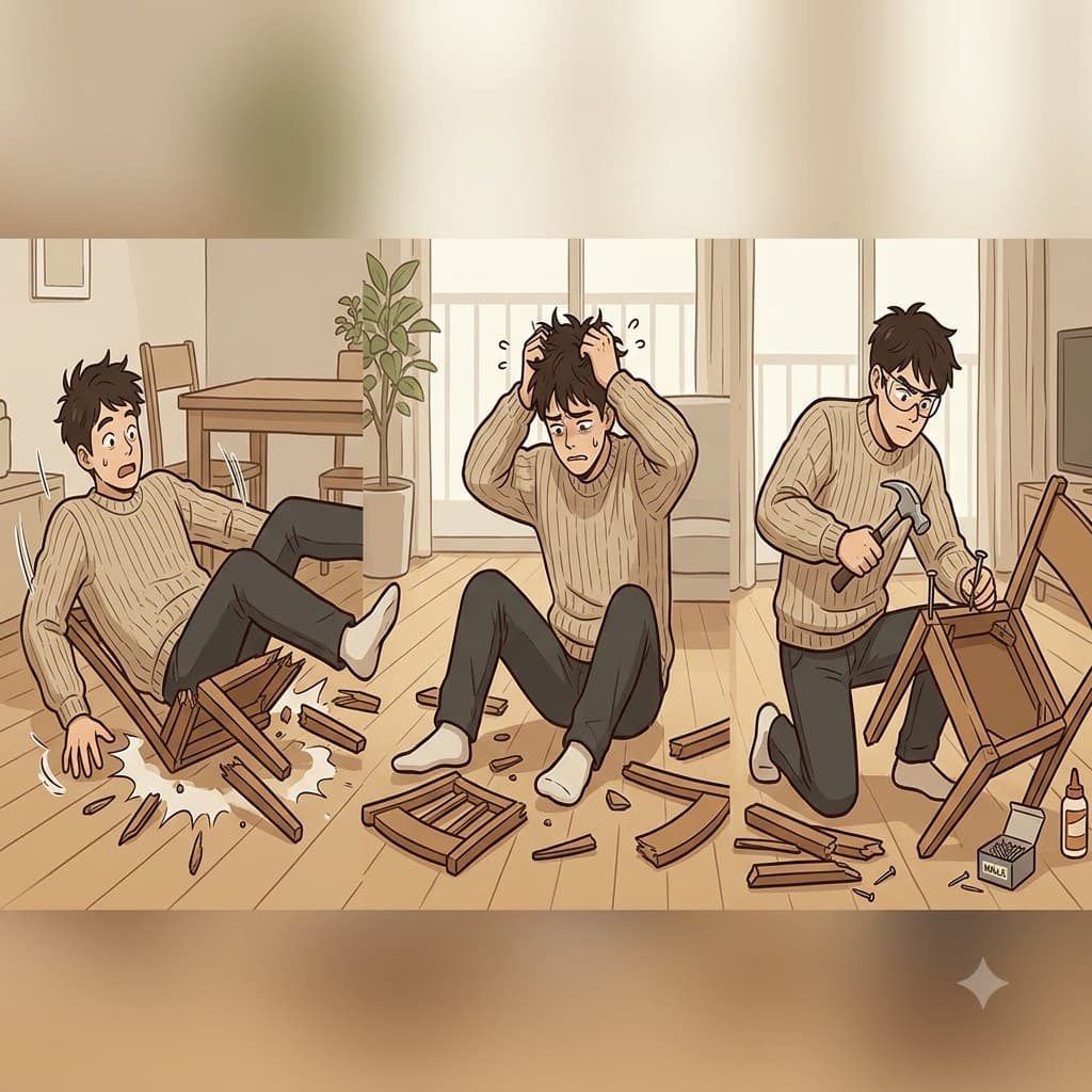 부서진 의자(chair)에서 떨어진 후, 그는 절망(despair) 속에 두 손을 들었지만 이내 망치를 집어 들고 그것을 성공적으로 수리했다(repair).