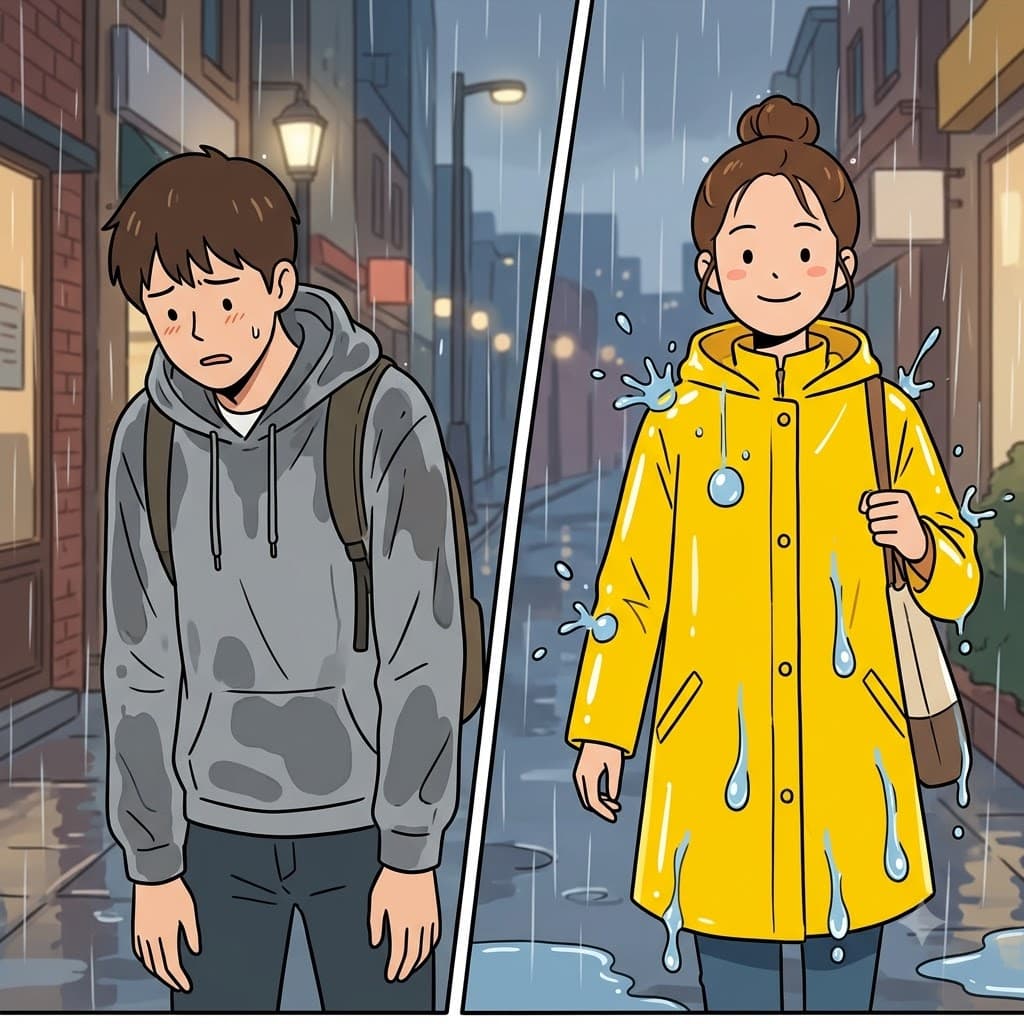 일반 면 옷은 폭우 속에 금세 흠뻑 젖어 들었던 반면, 방수 코팅된 비옷은 매끄러운 표면으로 굵은 빗방울을 튕겨냈다(repel).