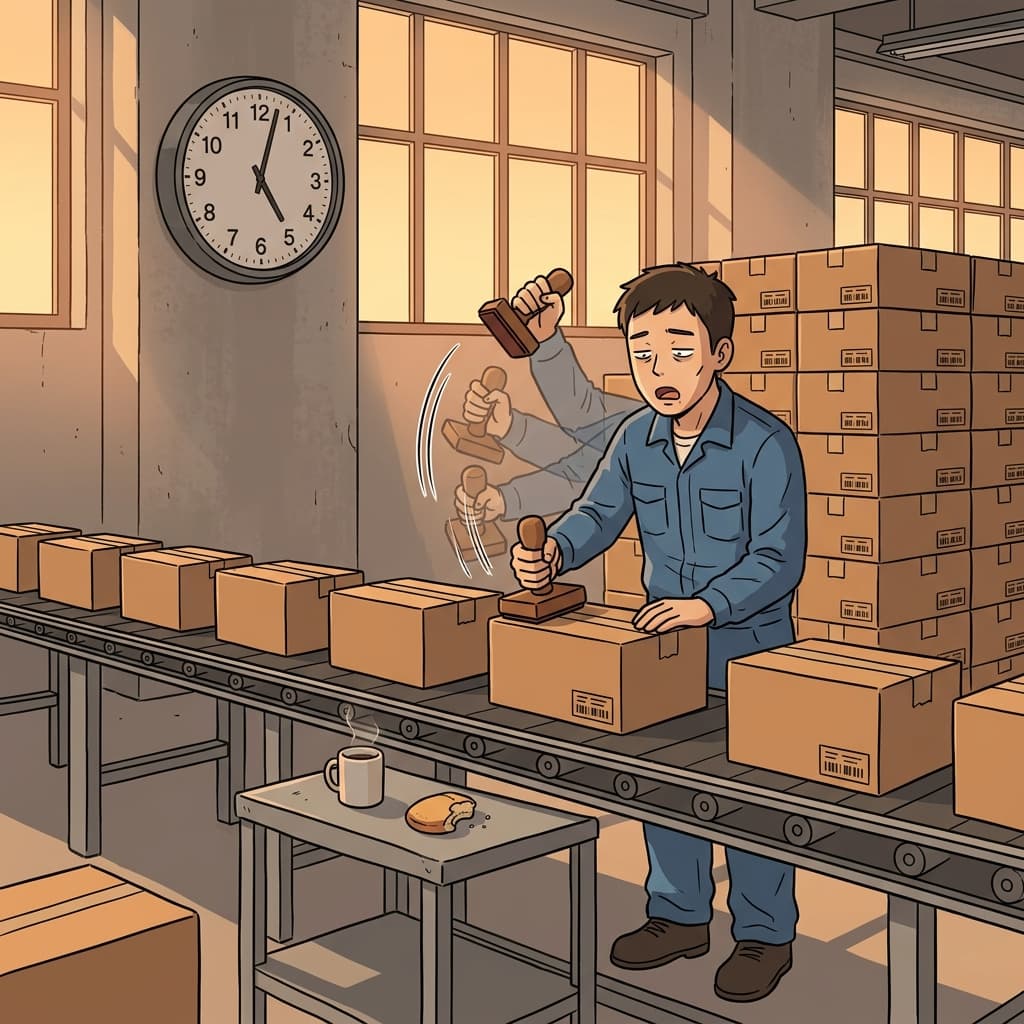 공장 노동자가 컨베이어 벨트 앞에서 하루 종일 똑같은 동작만 반복한다.