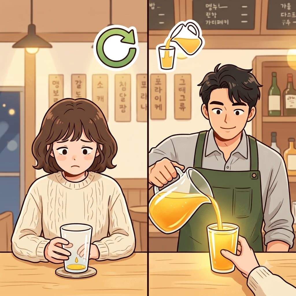 RE(다시) + PLETE(채우다) — 잔을 다시(RE) 채우기로(PLETE) 결정함으로써, 바텐더는 잔이 황금빛 주스로 완전히 가득 차도록(replete) 만들었다.