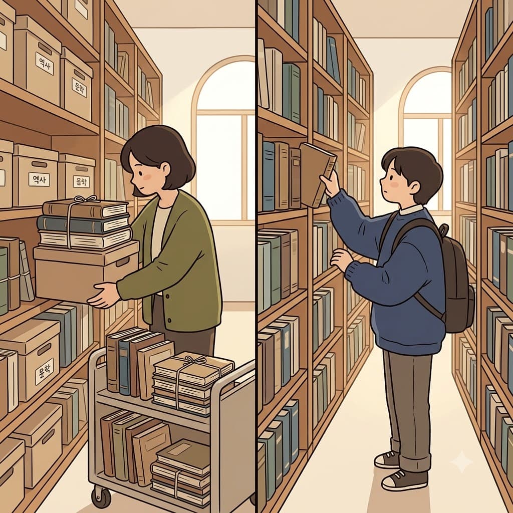 사서가 오래된 책들을 모두 자료 보관소(repository)에 다시 넣으며 “리포지토리!”라고 말했다. (“리포지토리!” → 사서가 책과 자료를 다시(re-) 넣어(positor) 한곳에 모아 둔다.)