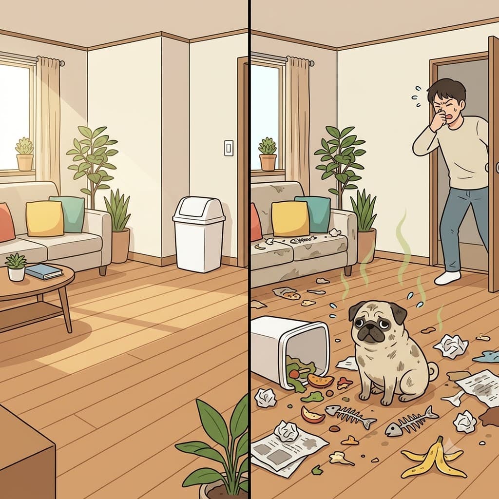 "이 퍼그가 난장판을 만들었네!" 주인은 썩은 쓰레기를 보고 강한 혐오감(repugnance)을 느꼈다. (리퍼그넌스 → "이(re) 퍼그(pug) 난(nan) 쓰레기!")
