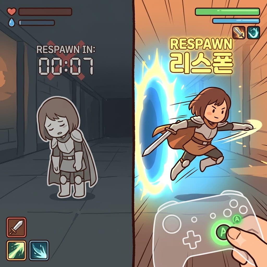 "쓰러지면 즉시 리스폰(respawn)해라!" 게임 속 캐릭터는 경기장에서 빠르고 기민하게 반응했다(responsive).