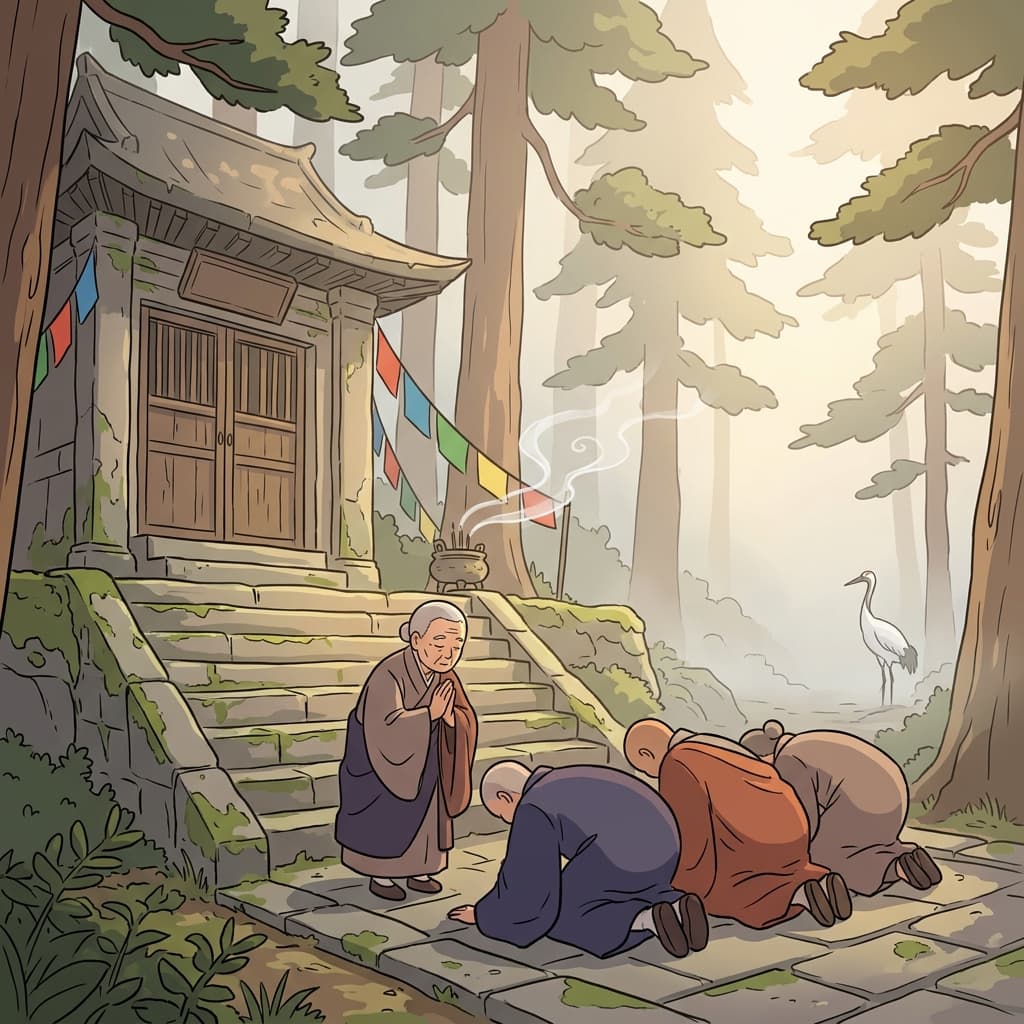 순례자들이 새벽 산사 앞에서 깊이 고개를 숙인다.
