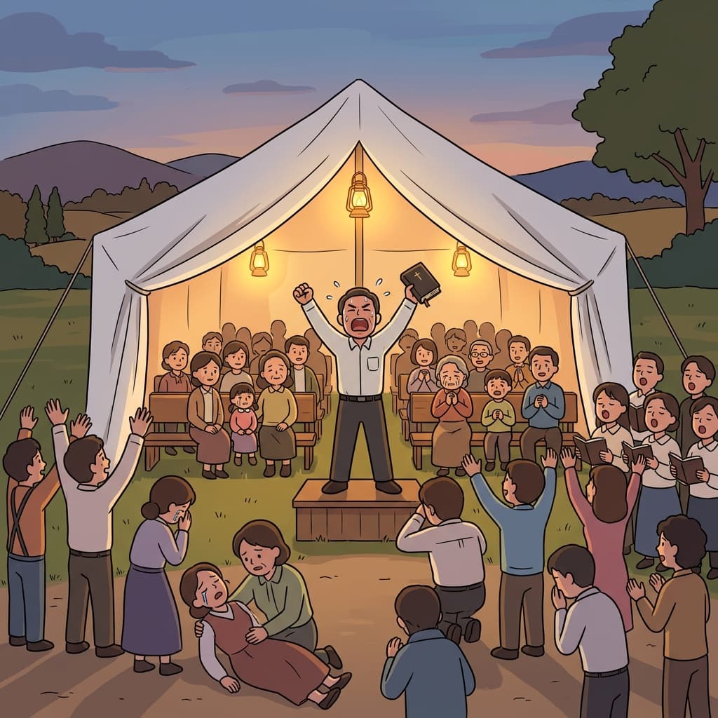 천막 부흥회에서 사람들이 울고 노래하며 뜨겁게 기도한다.