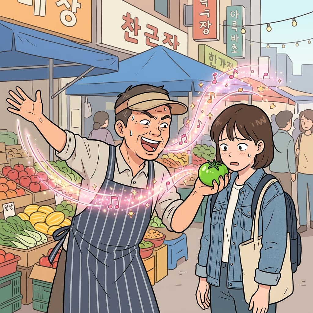 상인은 초록 토마토를 팔기 위해 수사적인 말만 늘어놓았다. (레토리컬 → "내(rhe) 토(to) 익(ric)었다!"라고 수사적으로 떠든다.)