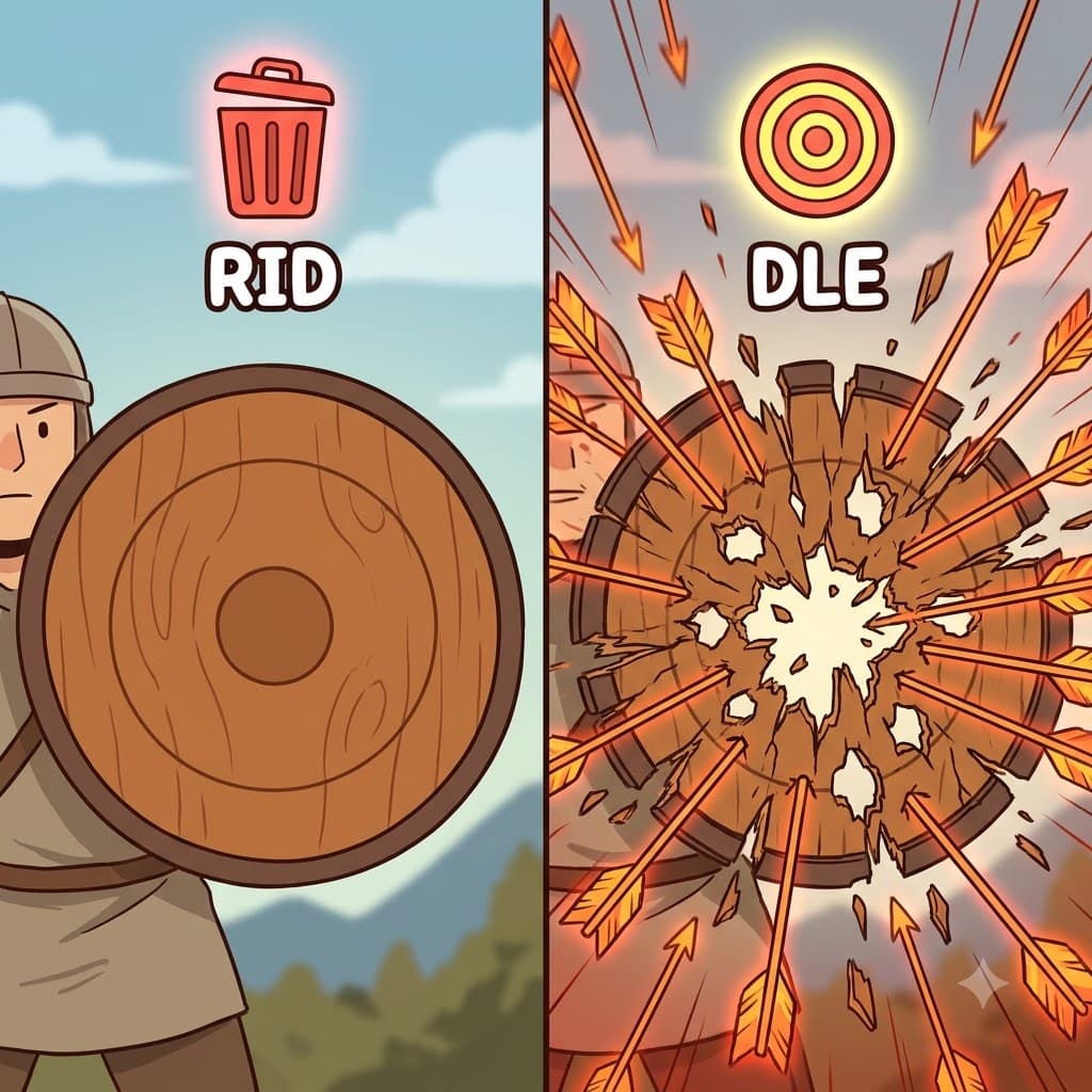 RID(제거하다) + DLE(가운데) — 표적의 가운데(DLE)를 완전히 제거하며(RID), 궁수들은 나무 방패에 화살로 구멍을 숭숭 뚫기(riddle) 시작했다.