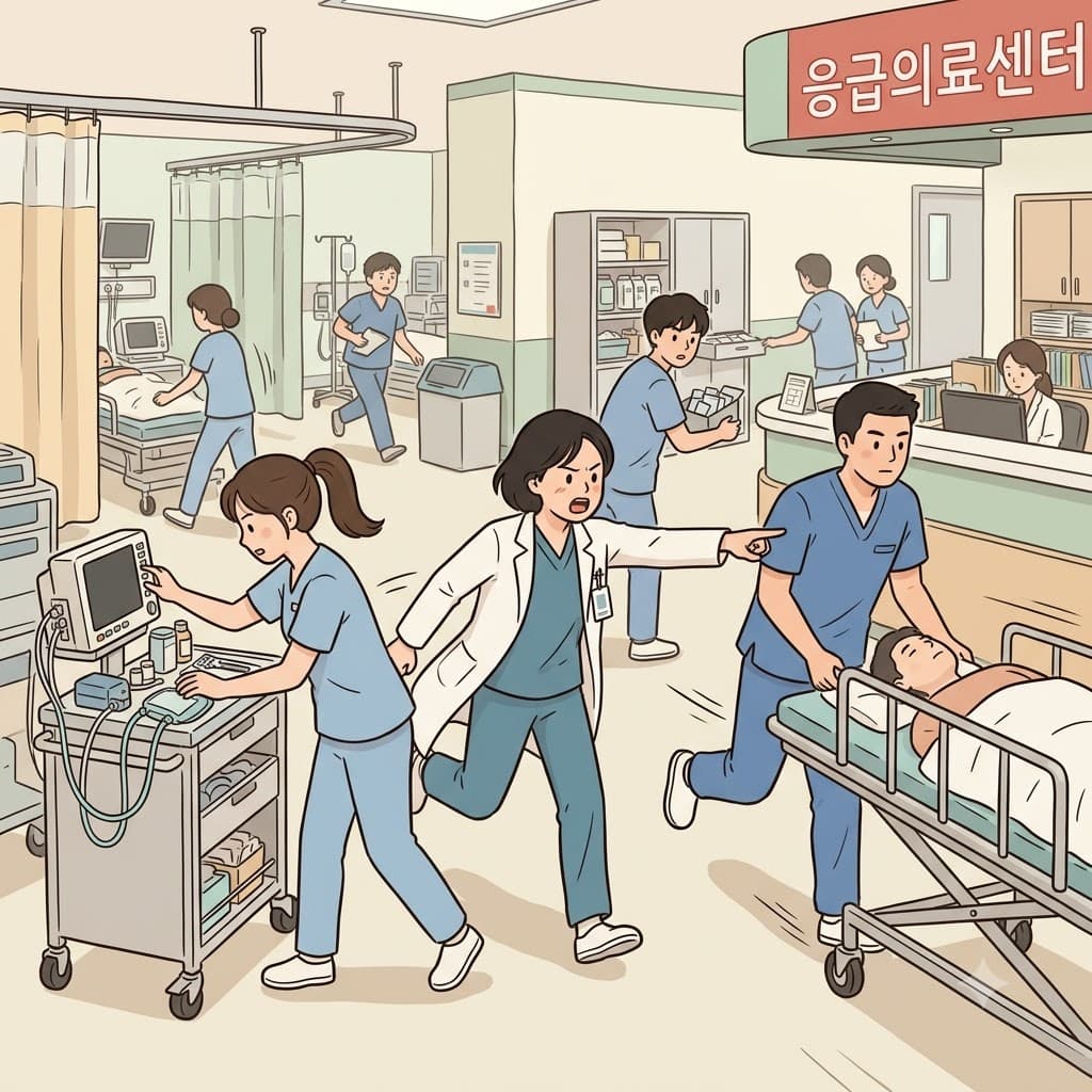 응급 환자가 도착하자 의사는 간호사에게 “바로 해 — 지체하지 마!”라고 말했다.