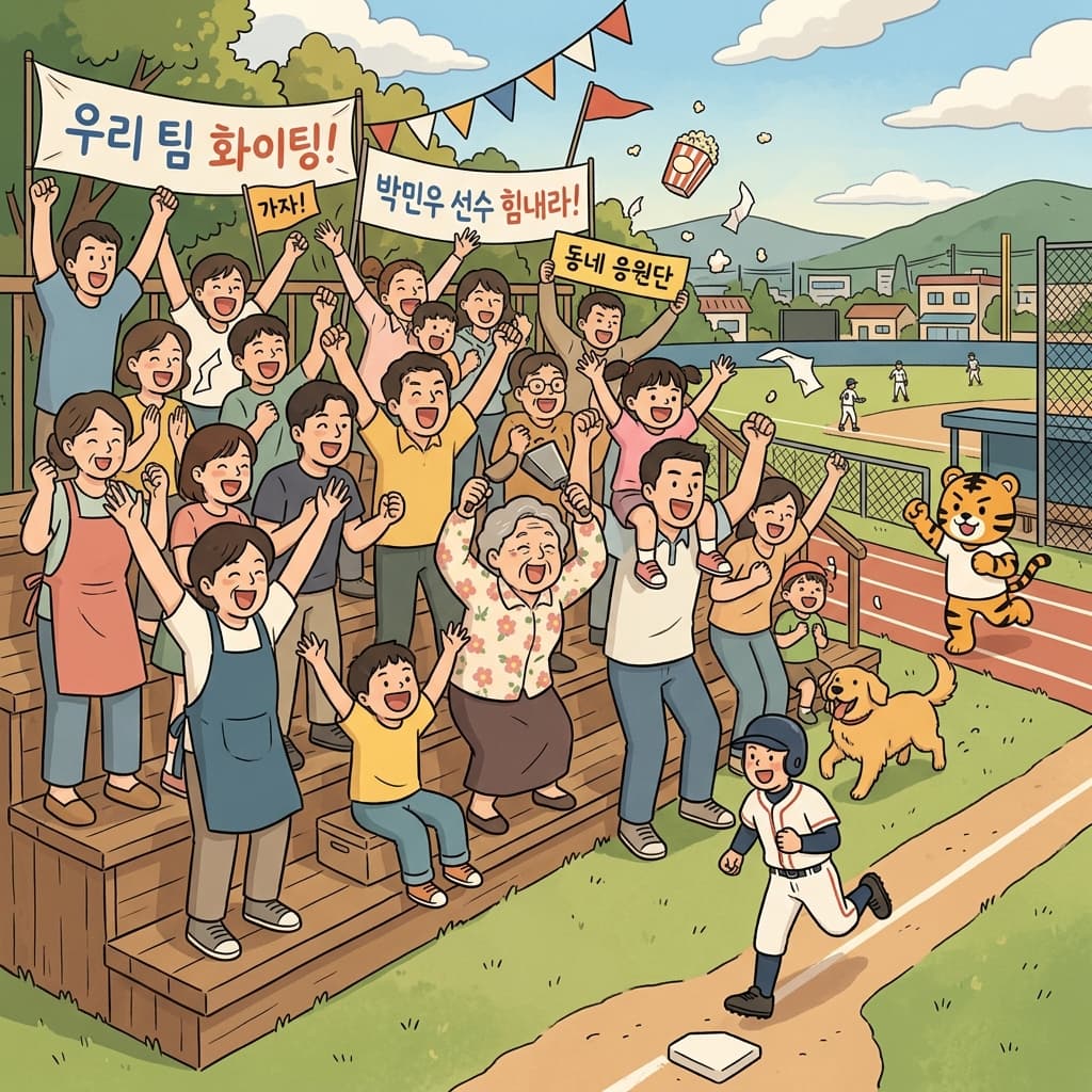 온 동네 사람들이 동네 야구팀을 응원하러 경기장에 모였다.