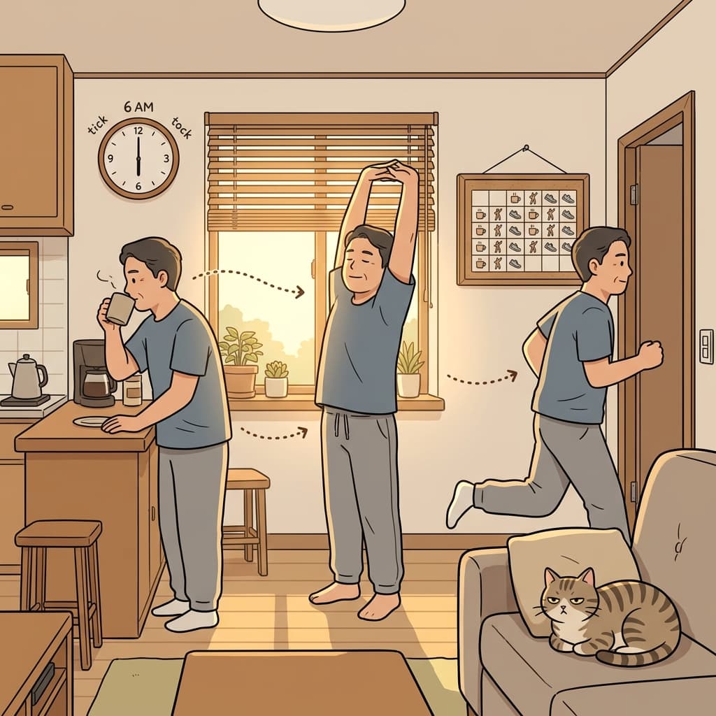 그는 매일 아침 똑같은 순서로 하루를 시작한다.