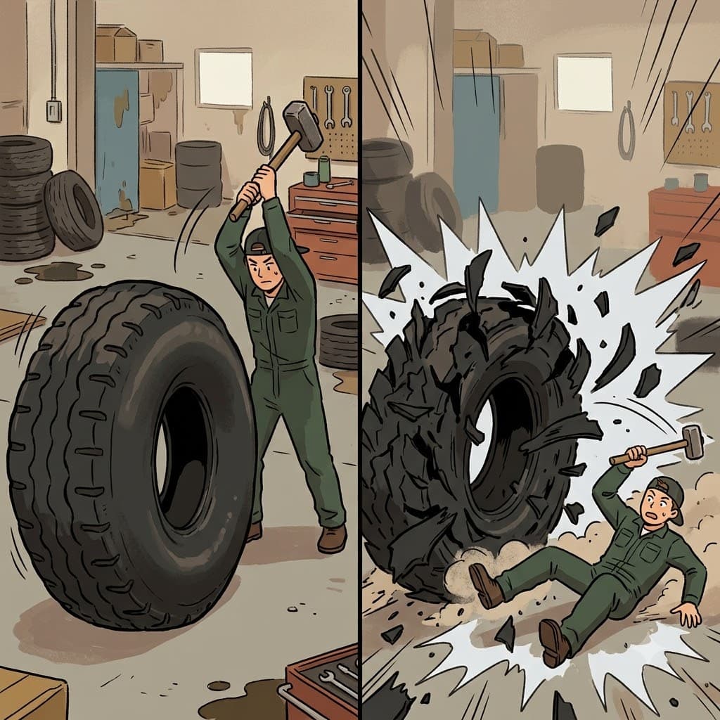 "그 부푼 고무(rubber) 쳐(ture)!" 과하게 부풀어 오른 타이어를 망치로 치자 격렬한 파열(rupture)이 일어났다.