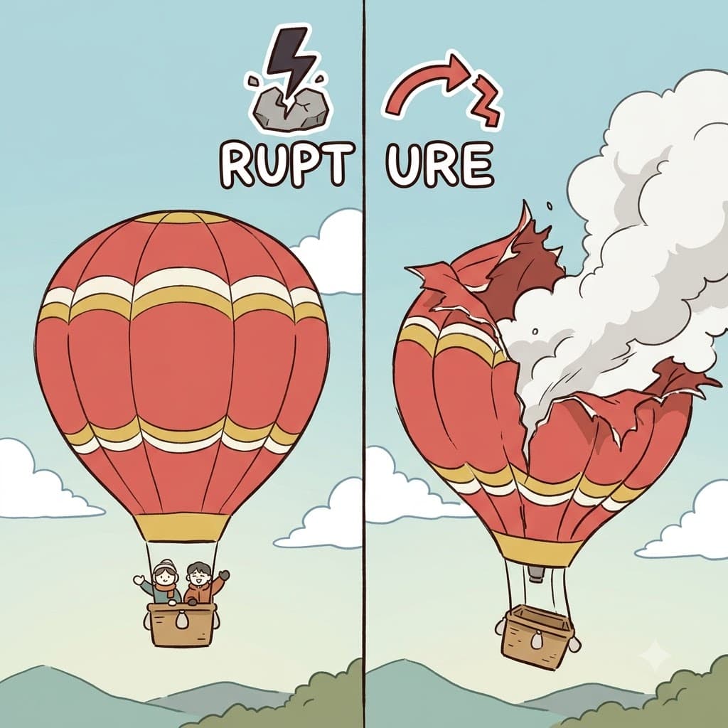 RUPT(터지다) + URE(상태) — 팽팽한 천이 터지는(RUPT) 상태(URE)에 도달하며, 열기구는 완전한 파열(rupture)을 겪었다.