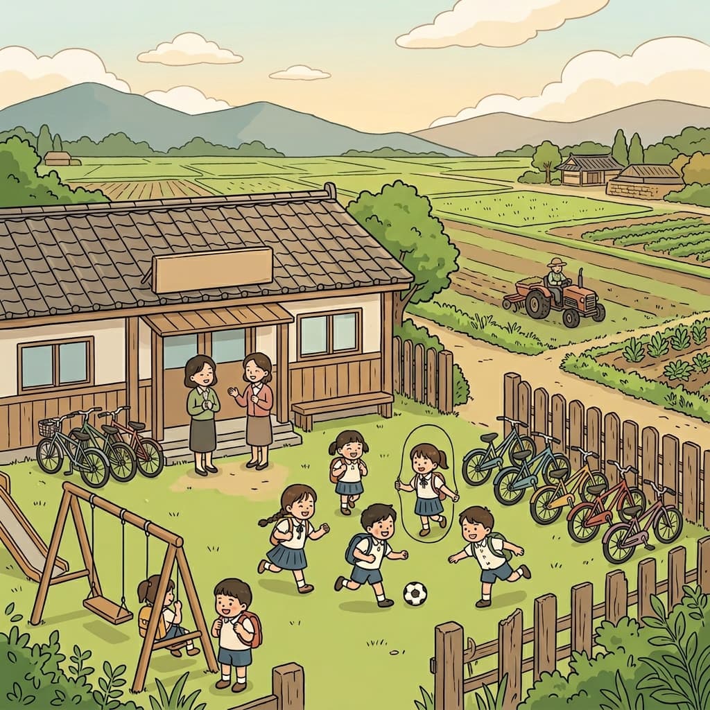 그 시골 학교에는 학생이 몇 명 없었지만 모두가 서로를 잘 알고 있었다.(학생들이 논에서 '루루랄라~' 콧노래를 부르며 놀고 있어요)