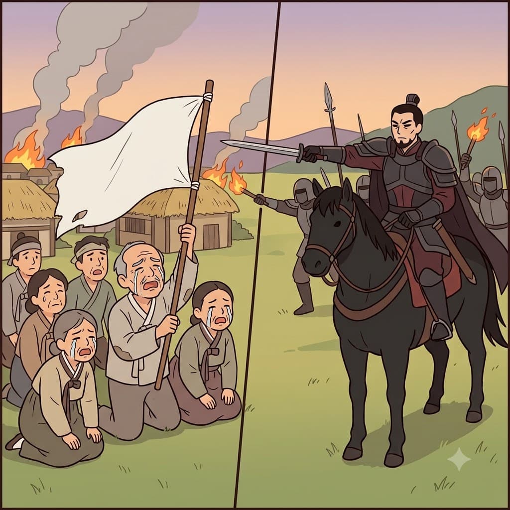 마을 사람들의 백기를 무시하고, 왕은 무자비하게(ruthlessly) 군사들에게 마을을 불태우라고 명령했다.