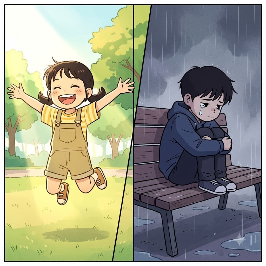 외로운 소년은 비 오는 공원 벤치에 앉아 슬프게(sadly) 눈물을 닦았다.