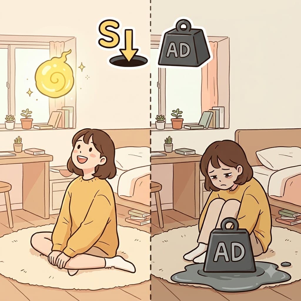 기분이 가라앉자 소녀는 슬프게(sadly) 고개를 숙이고 조용히 앉아 있었다.