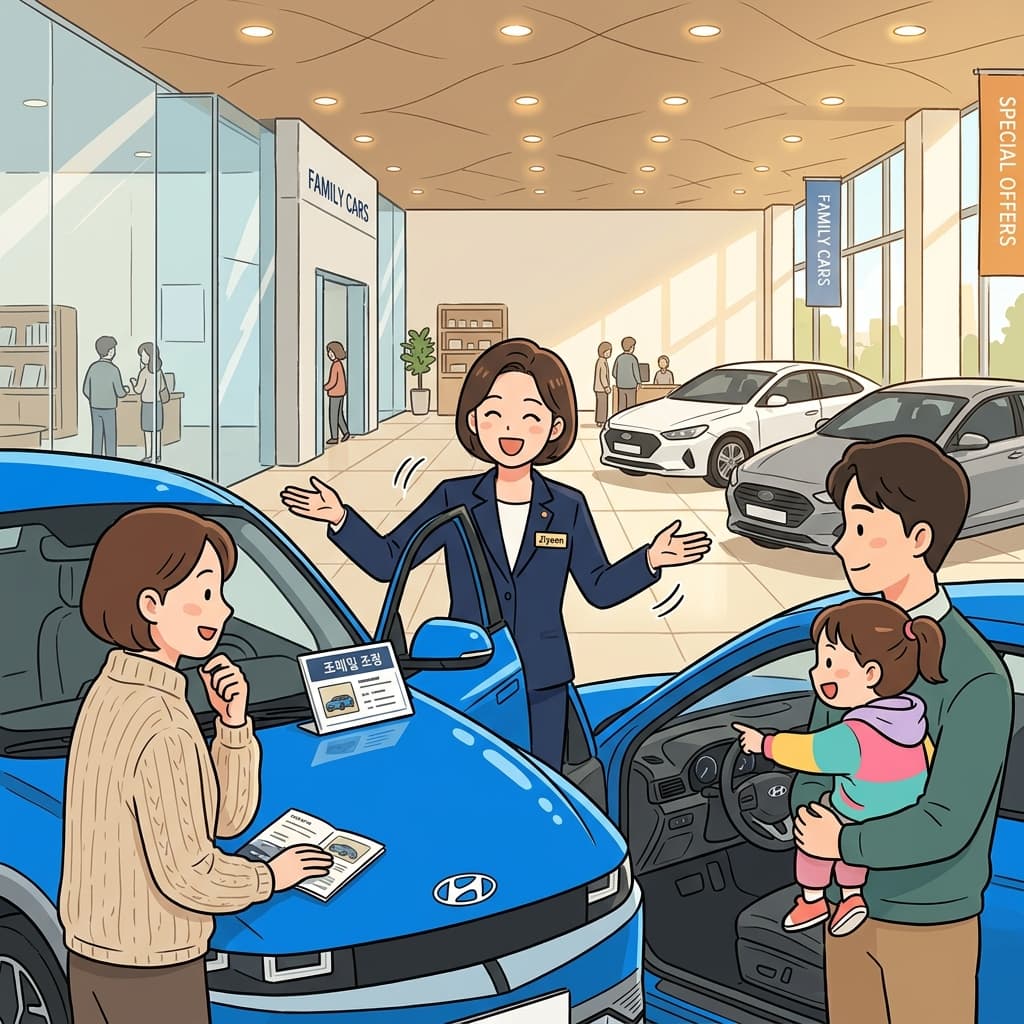 영업 사원이 웃으며 가족에게 새 차를 소개하고 있다.