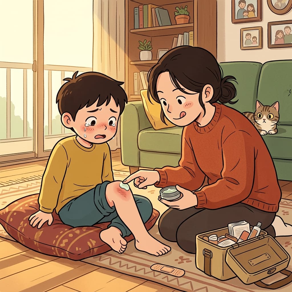 엄마가 아이의 까진 무릎에 연고를 살살 발라준다.