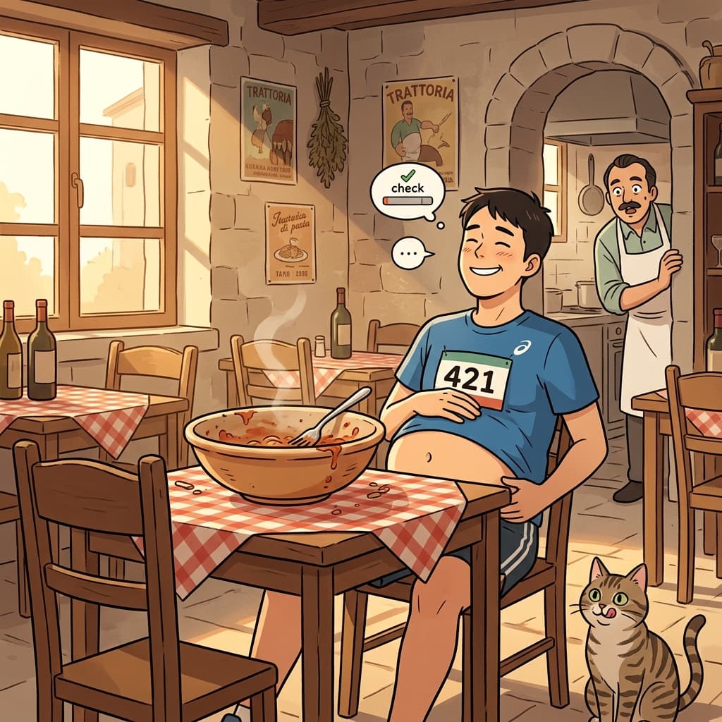 마라톤 끝나고 파스타 한 그릇으로 배가 완전히 찼다.