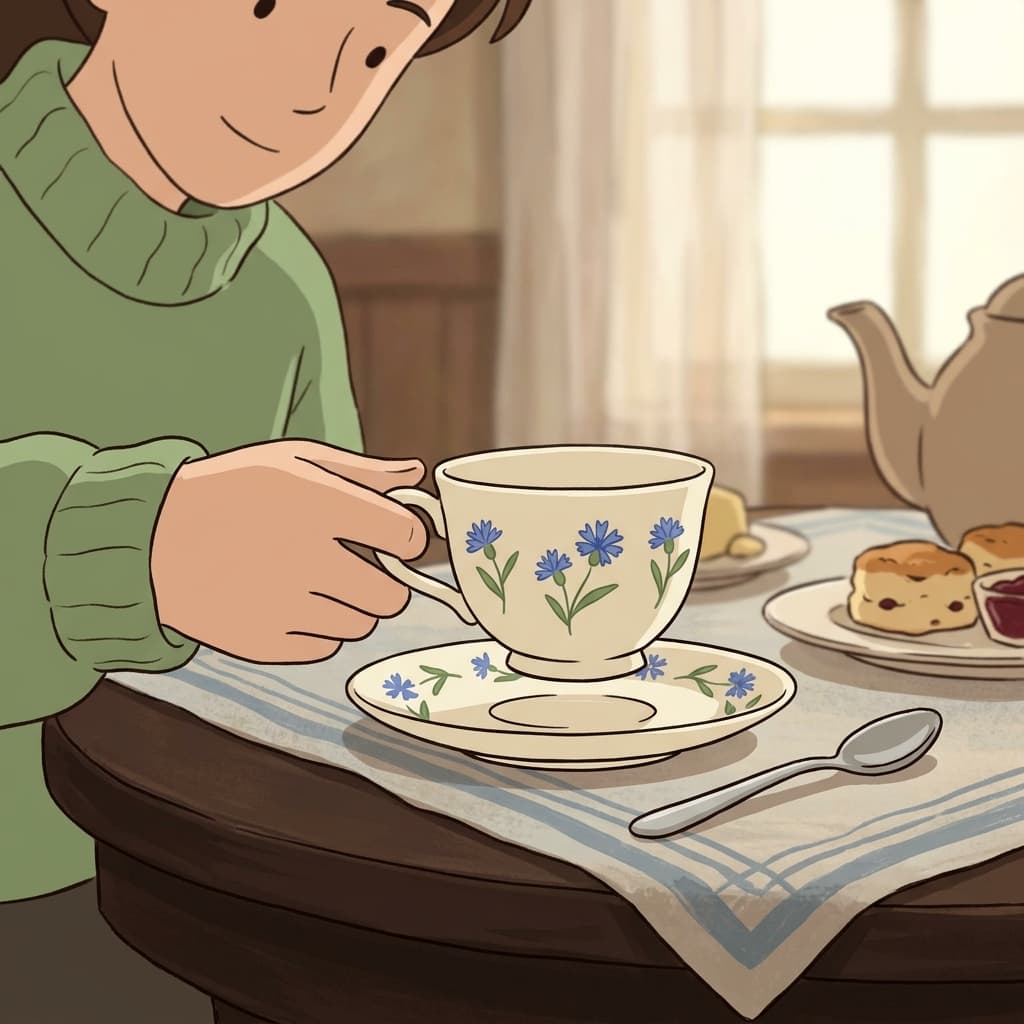 그녀는 찻잔을 받침 접시 위에 조심스럽게 올려놓았다.
