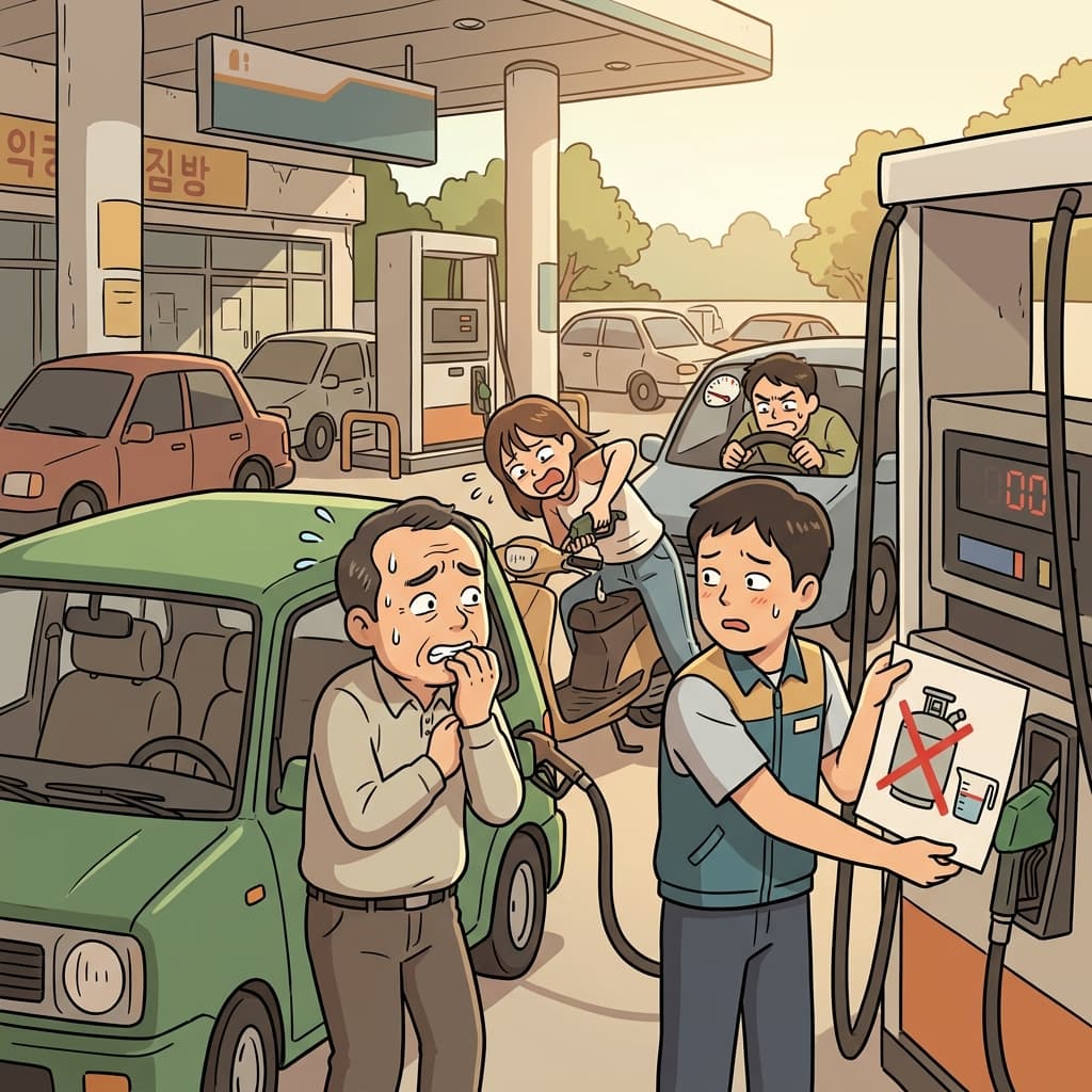에너지 부족은 사람들이 주유소에서 혼란에 빠지게 만들었다. (스케어시티 → “도시(city)가 scary 할 정도로 부족한 느낌”)