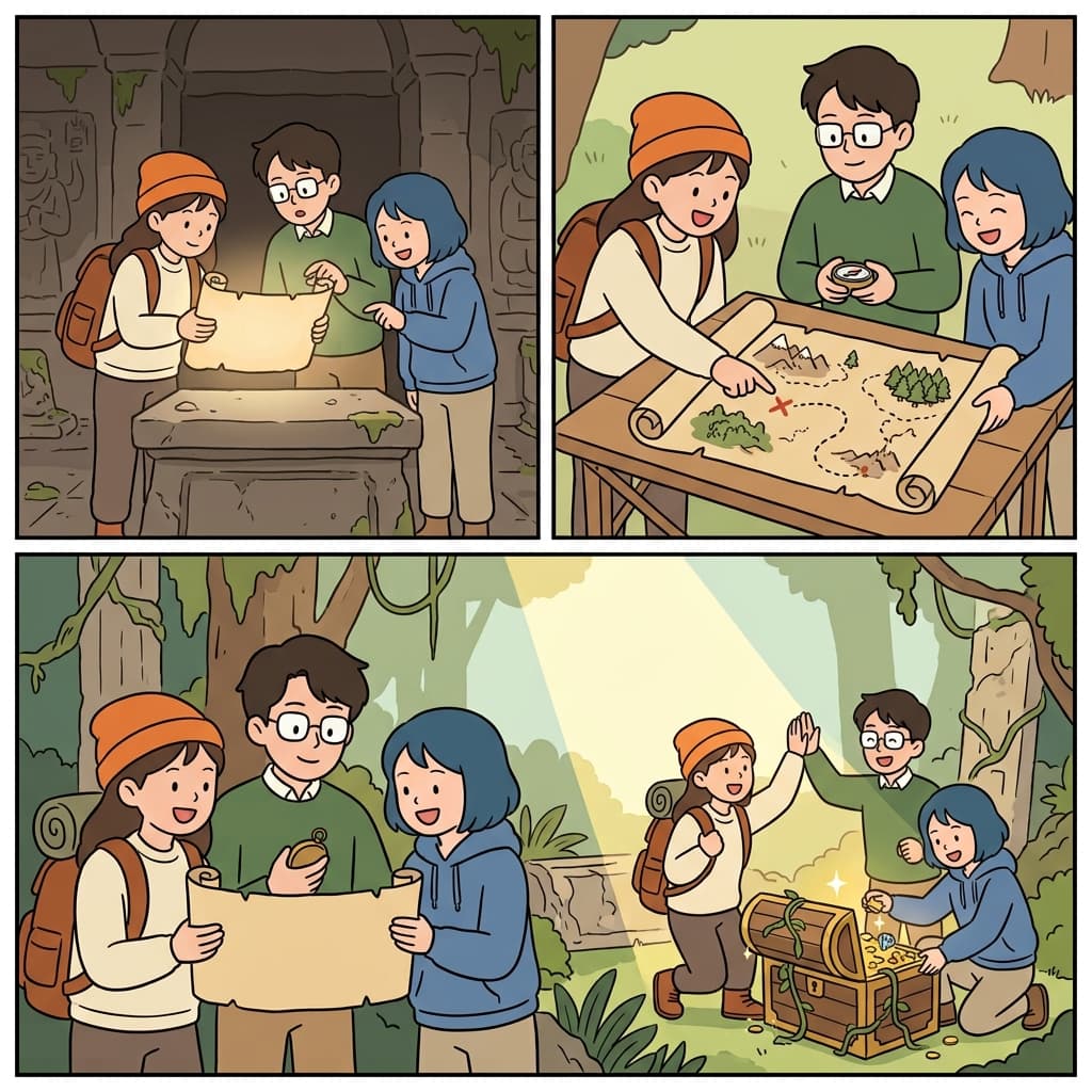 그들은 두루마리를 펼치고 지도를 펼친 뒤 마침내 목적지에 도착했다.
