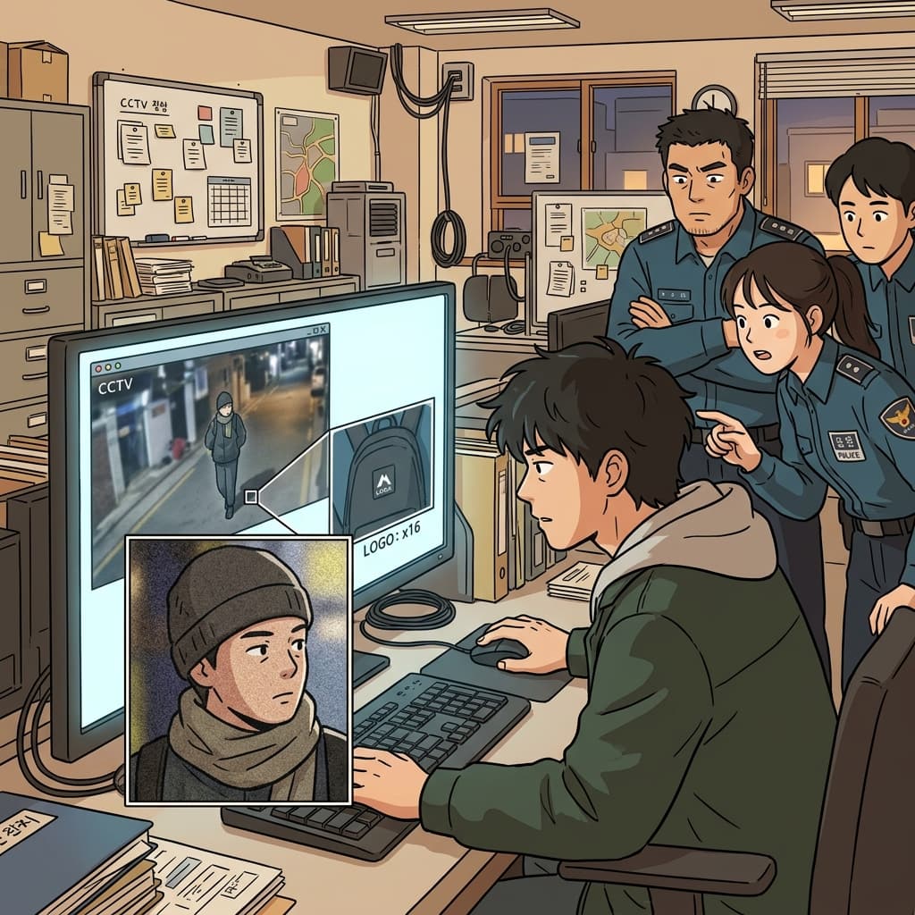 형사는 모든 단서를 면밀히 조사했다. ("스크린(Screen)으로 유심히!" → 화면을 확대하며 꼼꼼히 살펴본다)