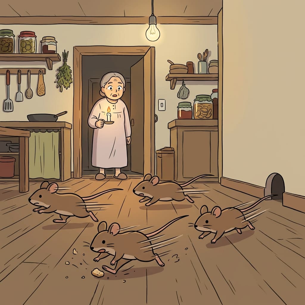불이 켜지자 생쥐들이 부엌 바닥을 쪼르르 가로질러 도망쳤다.