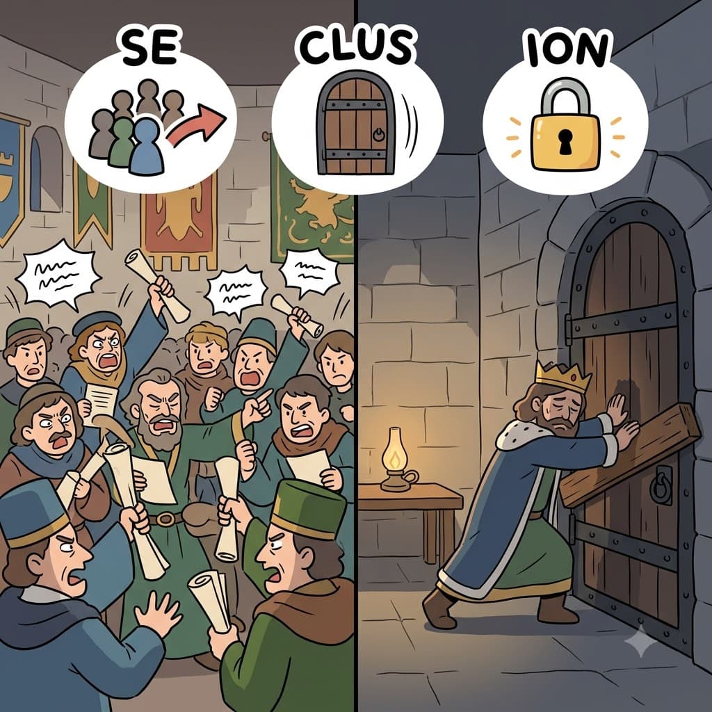 SE(떨어져) + CLUS(닫다) + ION(상태) — 세상과 떨어져(SE) 있기 위해 무거운 돌문을 닫기로(CLUS) 결정함으로써, 왕은 완전한 은둔(seclusion)의 상태(ION)로 들어갔다.