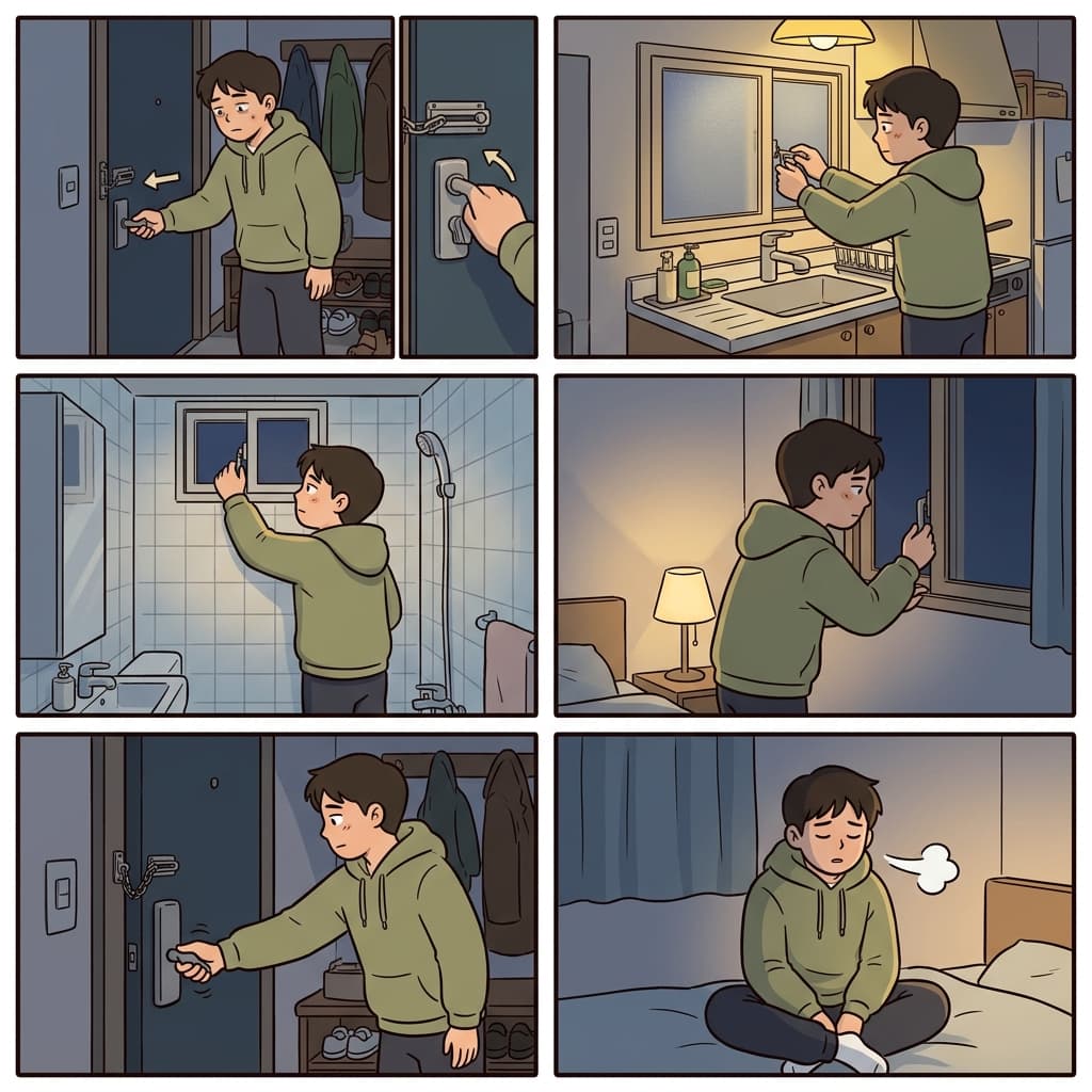 모든 문을 잠그고 창문을 두 번씩 확인한 후에야 그는 안심하고 편안하게 잠들었다. (씨큐얼리
→ “씨큐리티(security)처럼 철저하게 지키는 느낌”)