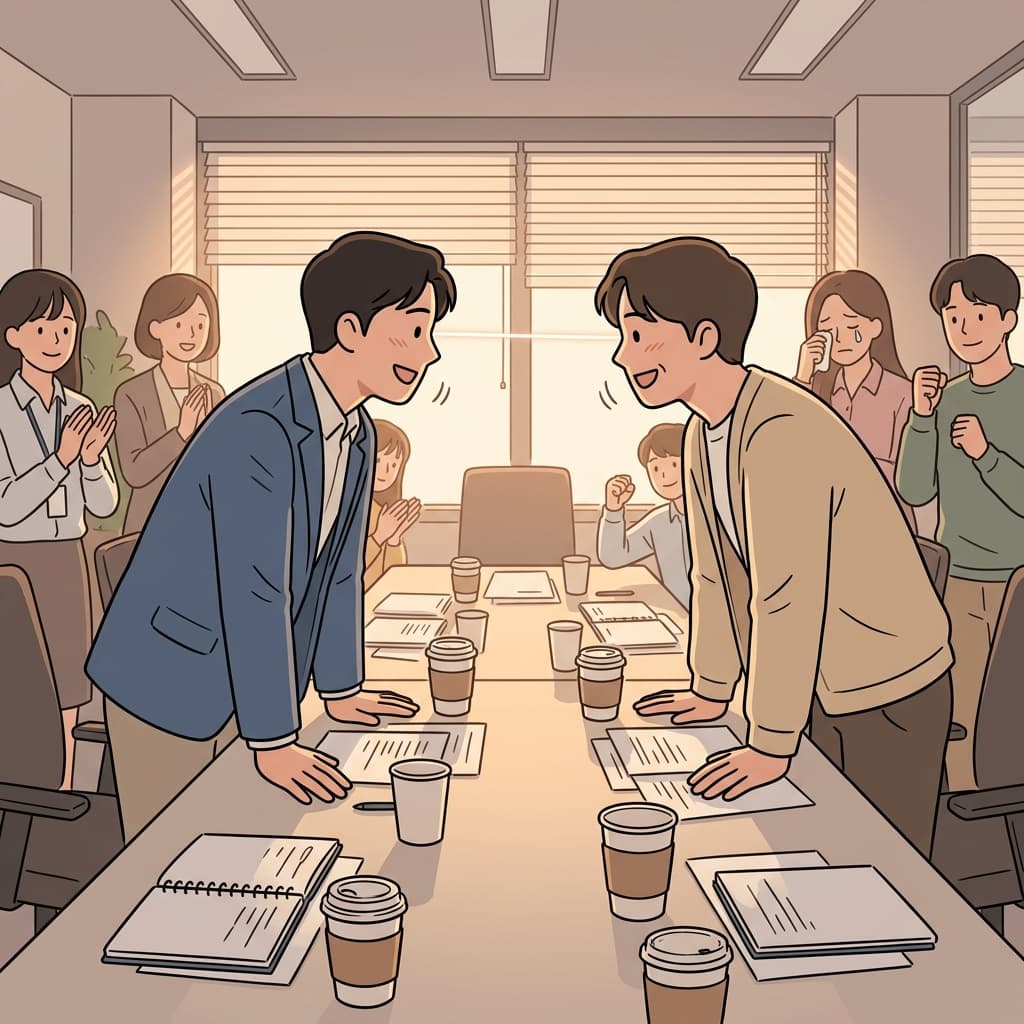 오랜 회의 끝에 두 팀장이 드디어 의견이 딱 맞았다.