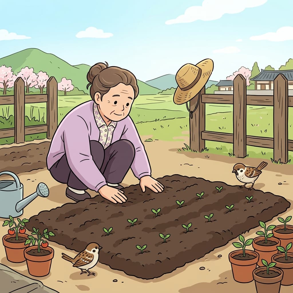 할머니가 텃밭 한쪽에 모종을 위한 못자리를 정성껏 만들었다.