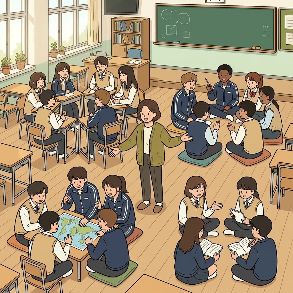 선생님은 반을 네 개의 토론 조로 나누었다. ("세그먼트!" → 여러 그룹으로 쓱 나눠 세그먼트를 만든다)