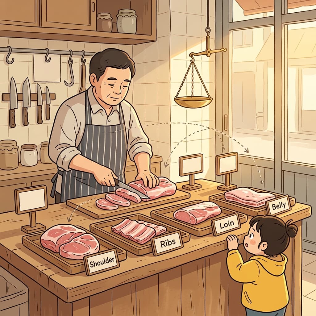 정육점 주인이 큰 고깃덩어리를 부위별로 깔끔하게 나눠 진열한다.
