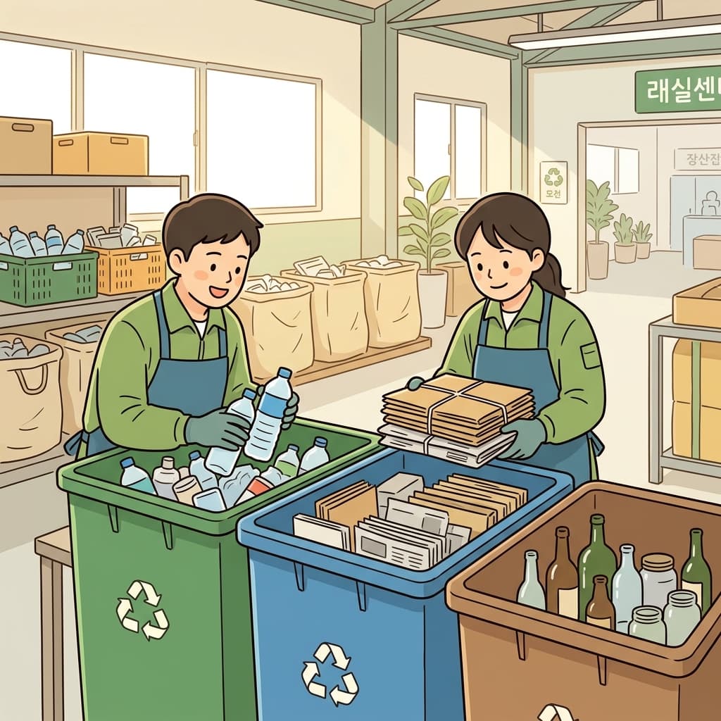 플라스틱, 유리, 종이는 각각의 재활용 통에 분리된 채 보관되었다.