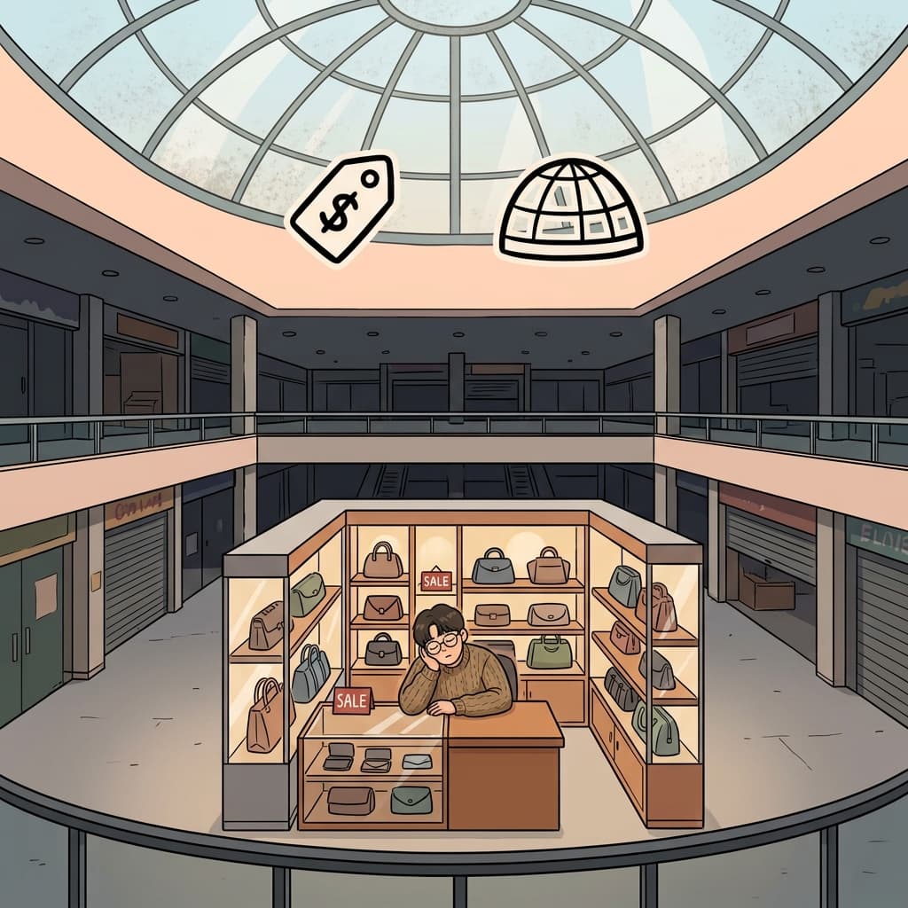 SELL(팔다) + DOME(유리 돔) — 버려진 유리 돔 아래 갇힌 상인들은 물건을 좀처럼 팔지 못한다.