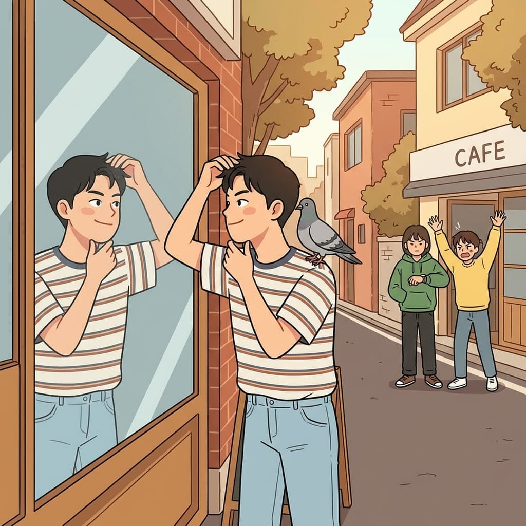 친구들이 밖에서 기다리는데도 그는 거울 속 자기 모습만 보고 있다.
