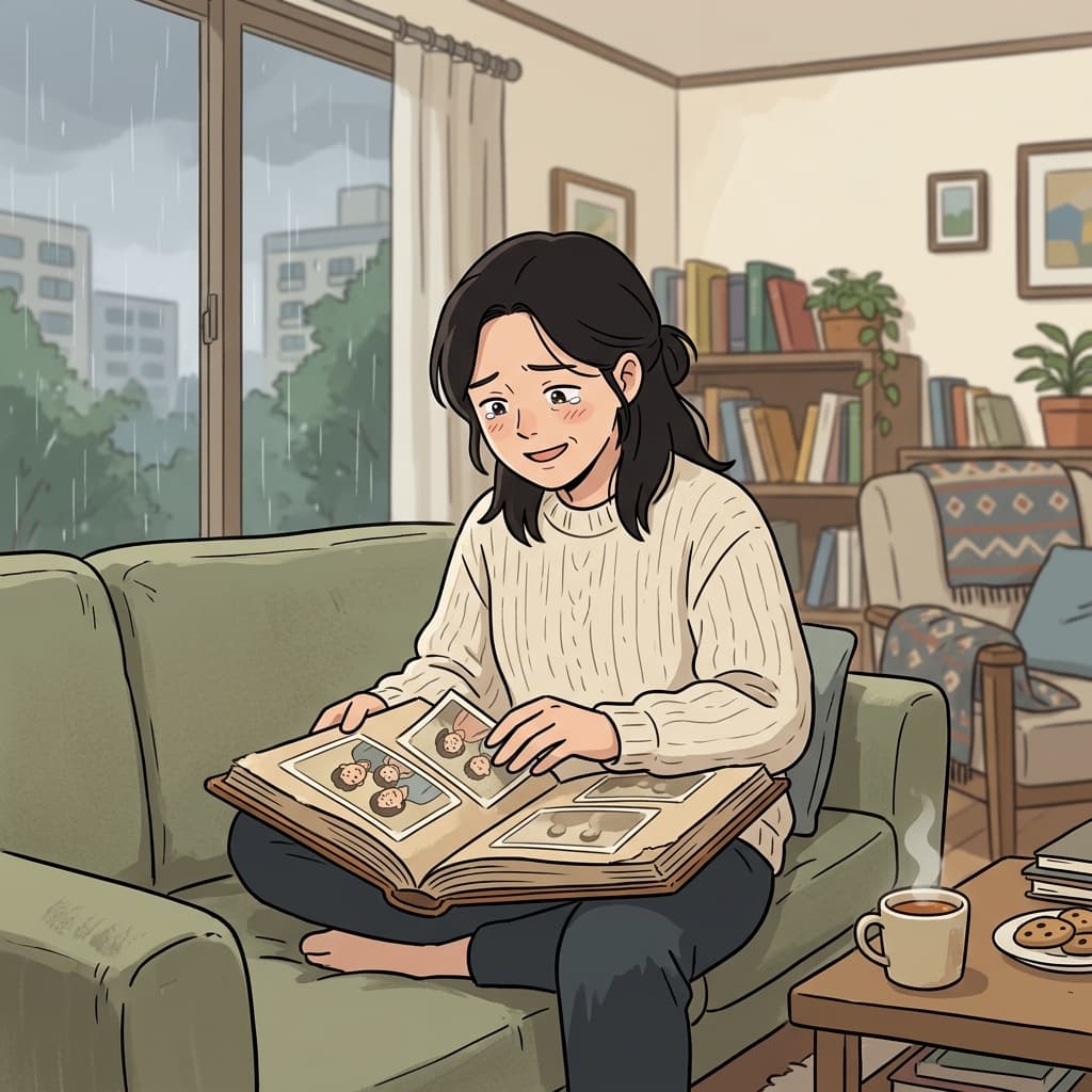 그녀는 오래된 가족사진을 보며 감상에 잠겼다.