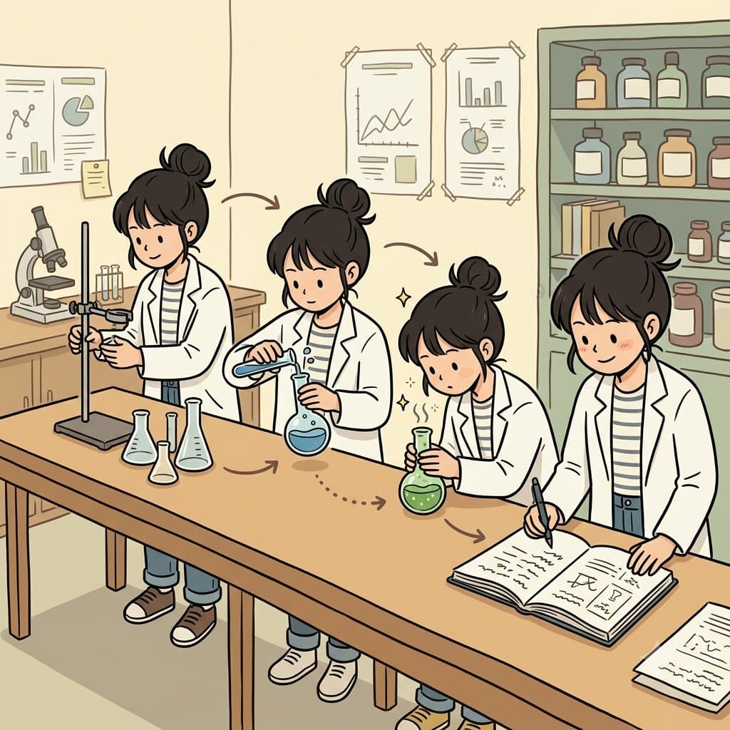 과학자는 사건들을 순서대로(sequence) 기록하며 무엇이 첫 번째, 두 번째, 세 번째로 일어났는지 꼼꼼하게 적었다.