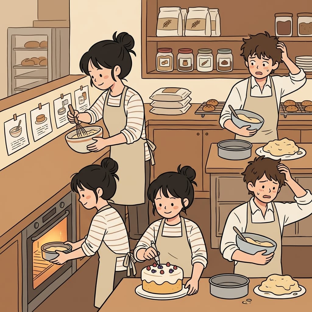 제빵사는 재료를 섞고, 반죽을 붓고, 케이크를 굽고, 장식하는 과정을 순서대로(sequentially) 진행했다.