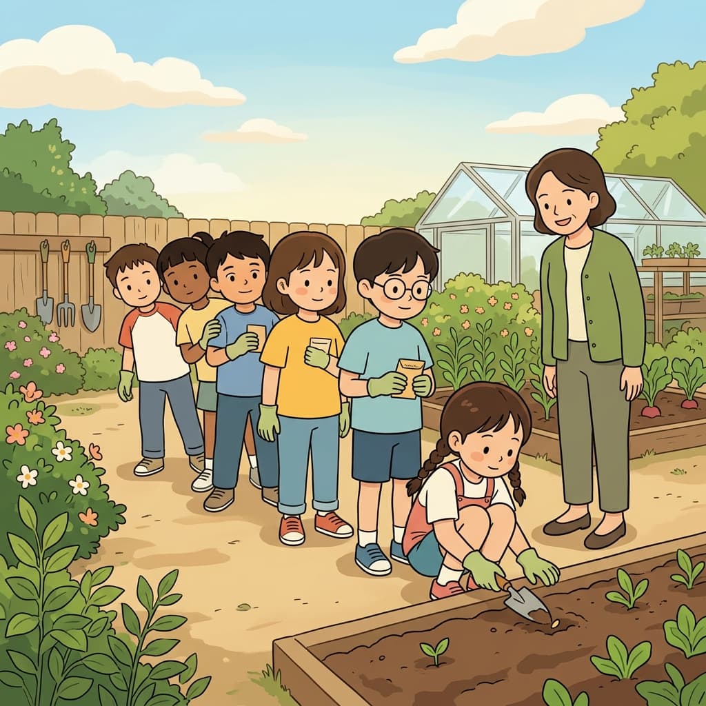 아이들은 정원을 따라 씨앗을 하나씩 순서대로(sequentially) 심었다. ("시퀀스대로!" → 하나씩 순서대로 진행한다)