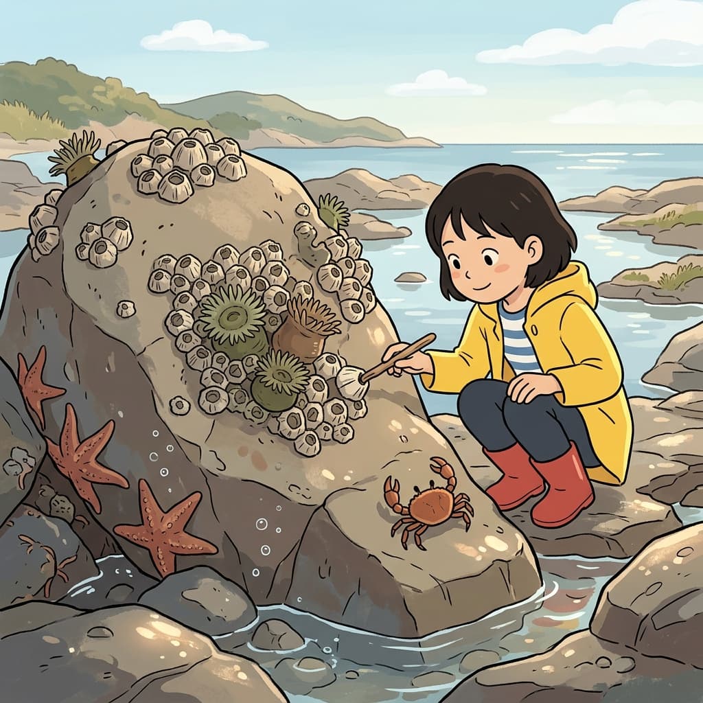 따개비들은 바위에 딱 붙어서 파도가 쳐도 꿈쩍 안 한다.