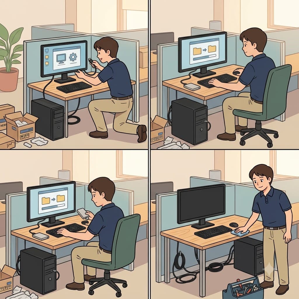 컴퓨터 설정(setup)을 마친 뒤 기술자는 백업(backup)을 하고 마지막 마무리(wrap-up)까지 끝낸 후 사무실을 떠났다.