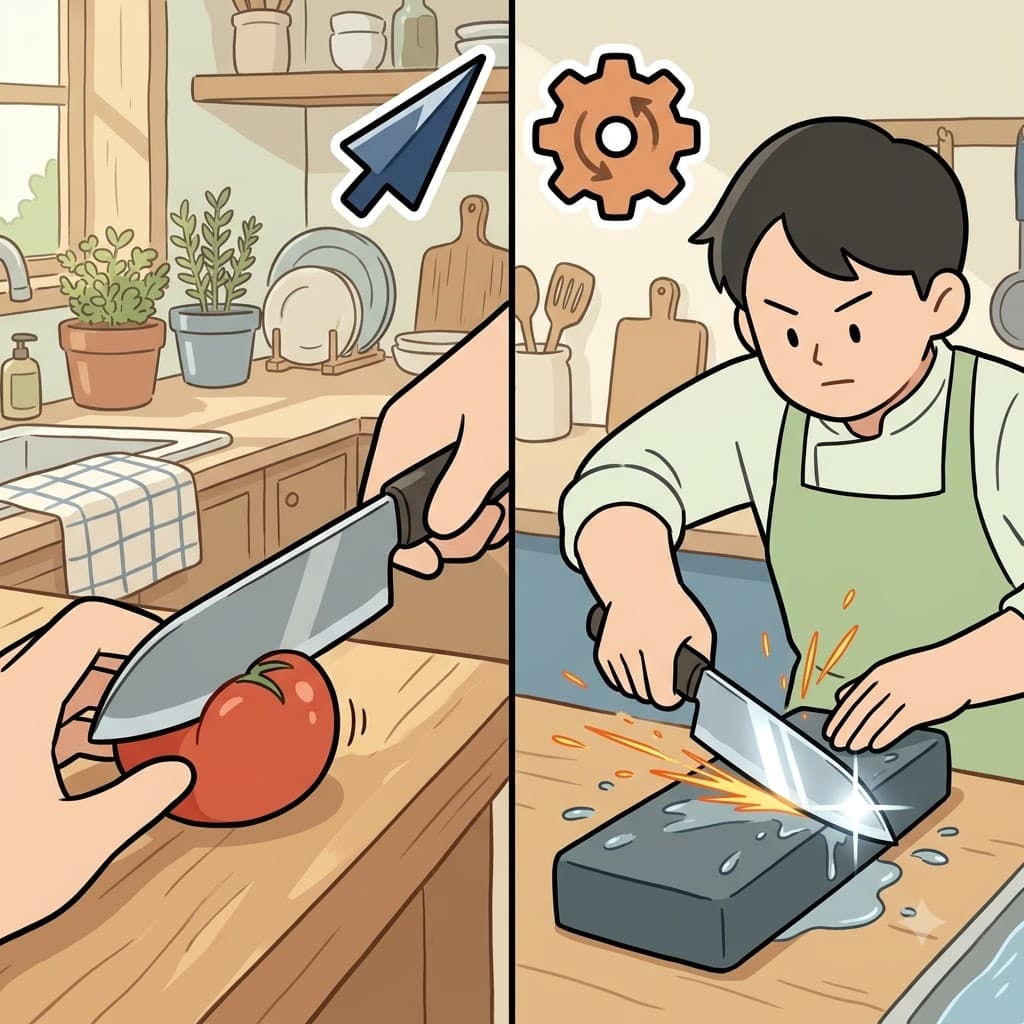 SHARP (날카로운) + EN (~하게 만들다) — 주방 칼을 거친 돌에 문질러 그것을 날카롭게(SHARP) 만듦으로써(EN), 요리사는 칼날을 연마했다(sharpen).