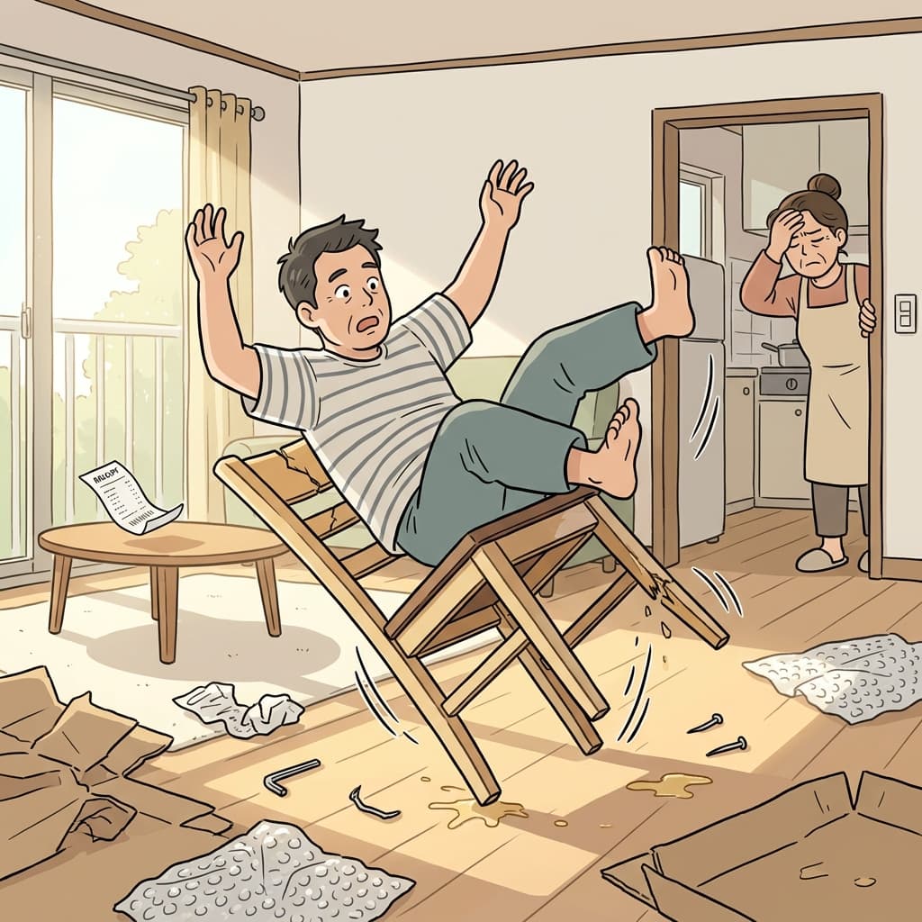 산 지 하루 만에 의자 다리가 부러졌다. 완전 부실 공사다.