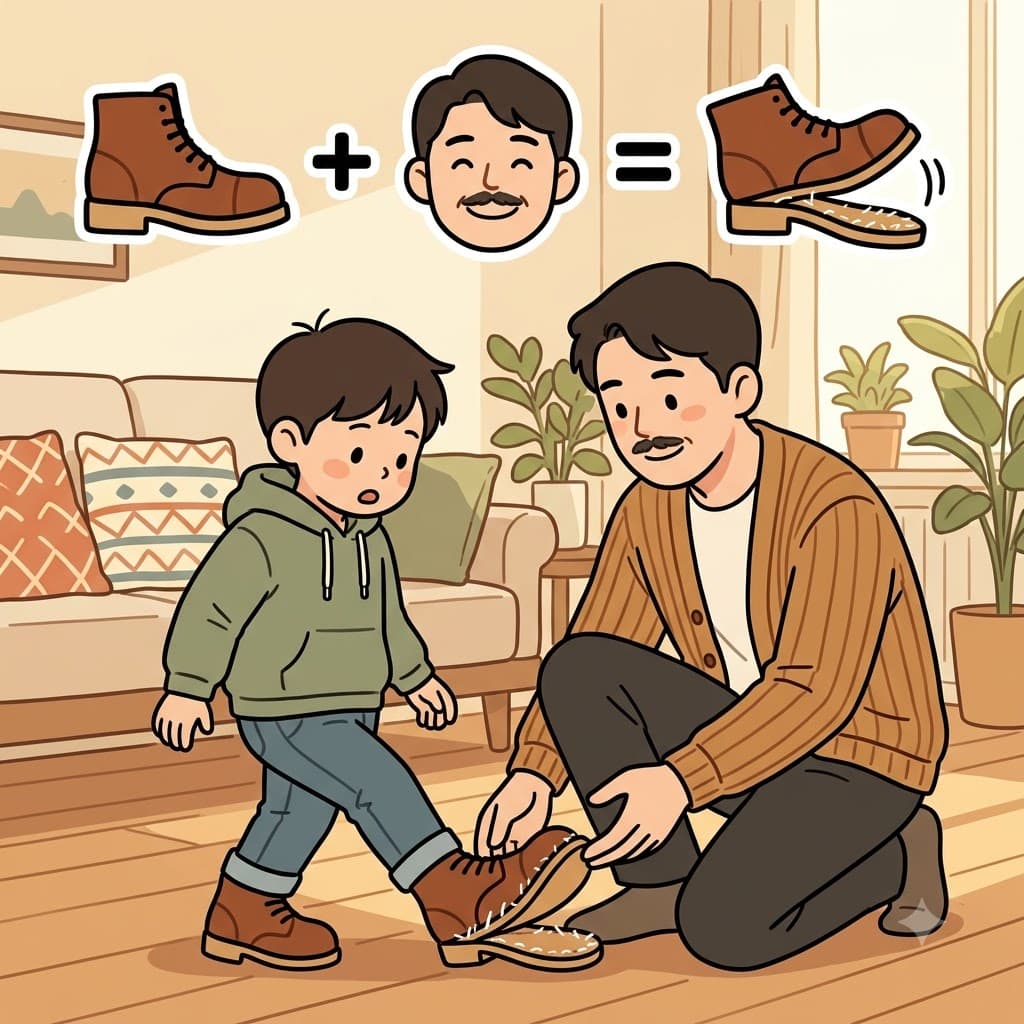 SHOE(신발) + DADDY(아빠) — 아빠(DADDY)가 직접 만들어준 신발(SHOE)은 사랑이 담겼지만 첫걸음에 밑창이 떨어지는 매우 조잡한(shoddy) 품질이었다.