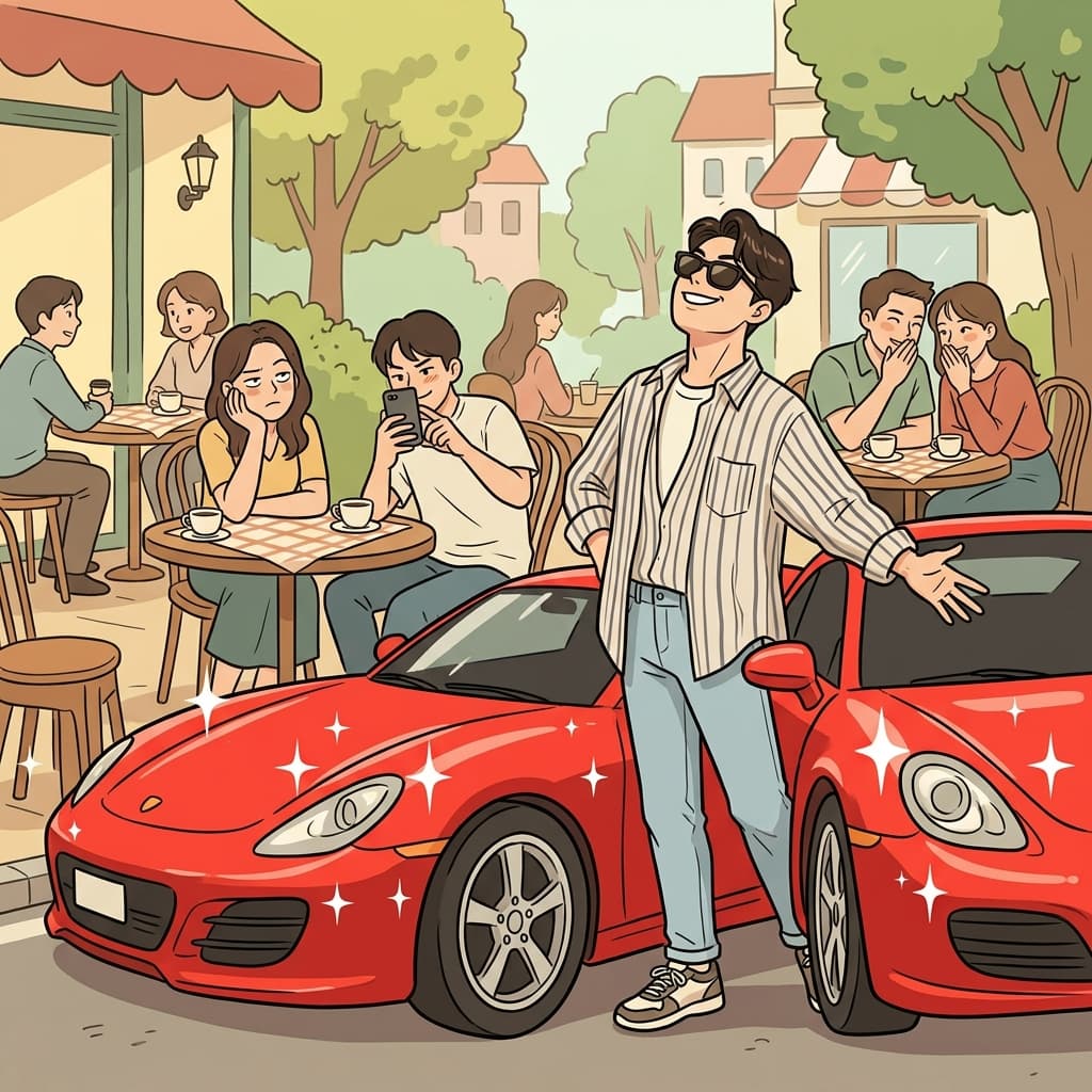 새 스포츠카 자랑하려고 카페 앞에 딱 세워놨다.