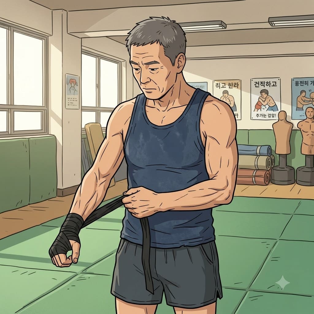 늙은 레슬러가 손에 힘을 주자 팔뚝을 따라 힘줄(sinew)이 선명하게 도드라졌다.