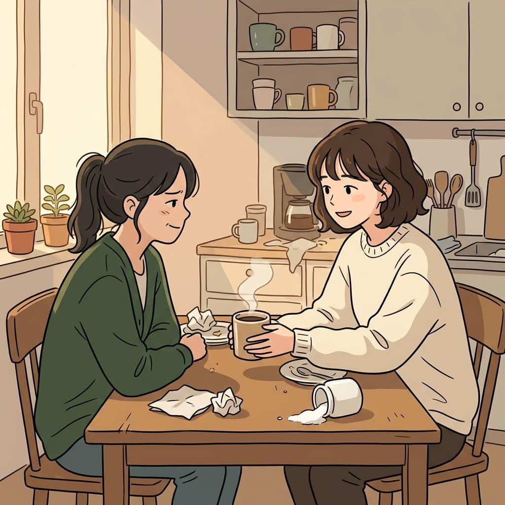 다툰 뒤에 그녀가 따뜻한 사과와 커피로 분위기를 풀어준다.