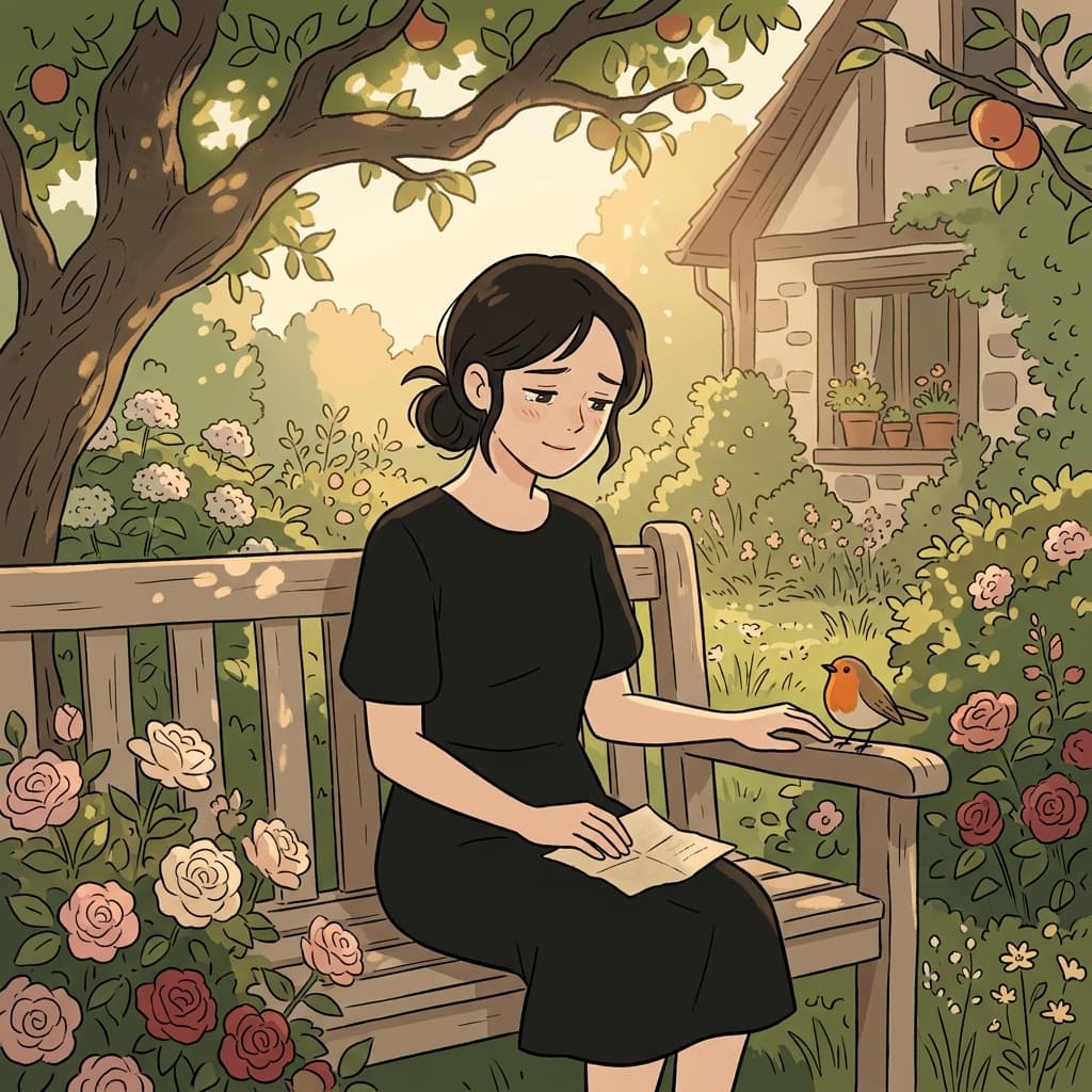 장례식이 끝난 뒤, 그녀는 할머니의 오래된 정원에서 조용한 위안을 얻었다.